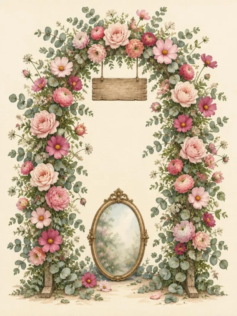 Watercolor of a flower-covered arch with a hanging sign and a gold oval mirror, the photo spot at a bridal shower flower bar