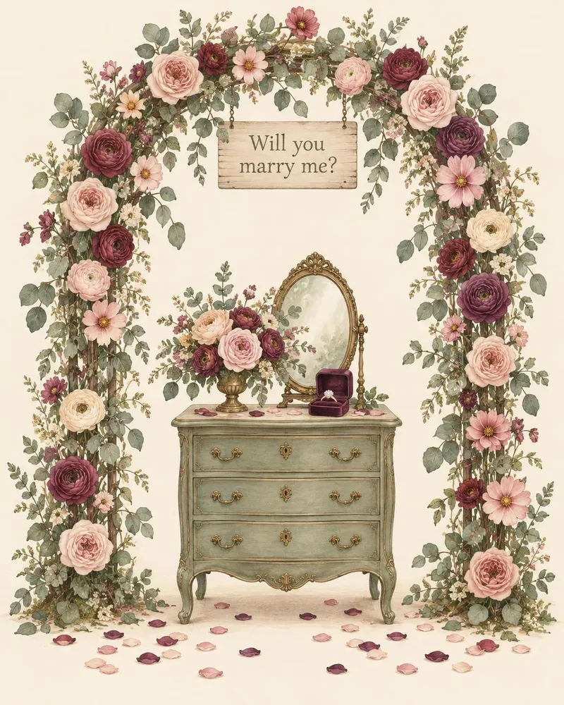 Watercolor of a flower arch with a hanging sign reading Will you marry me, a gold mirror and a ring box on a sage chest, for a proposal flower setup