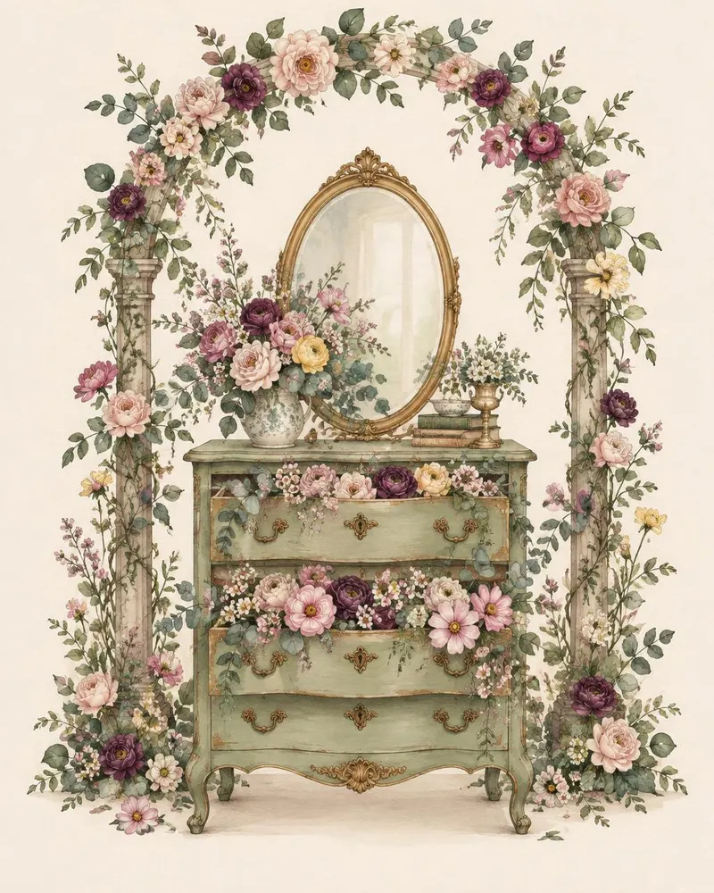 Watercolor of a sage-painted chest of drawers spilling with roses and ranunculus under a flower arch, the wearable flower bar