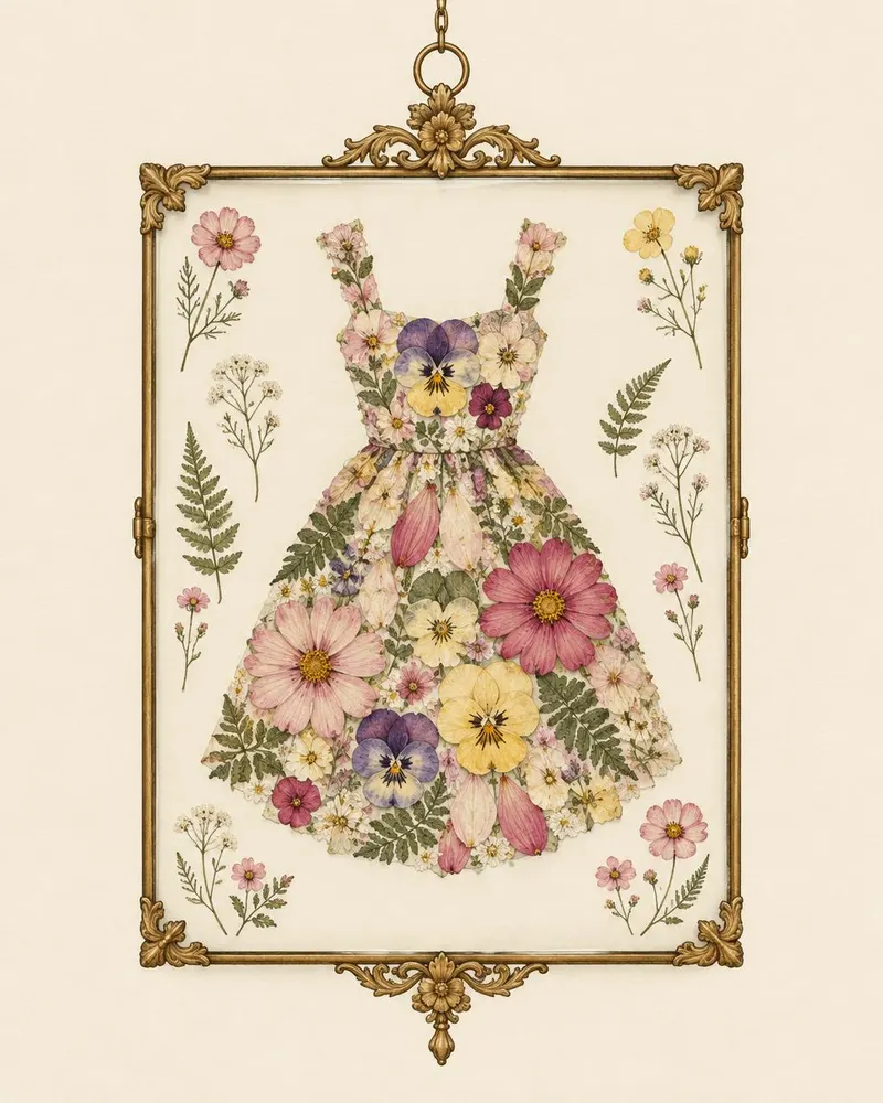 Watercolor of a gold floating glass frame holding a pressed-flower picture shaped like a little dress, made at a kids' party flower bar