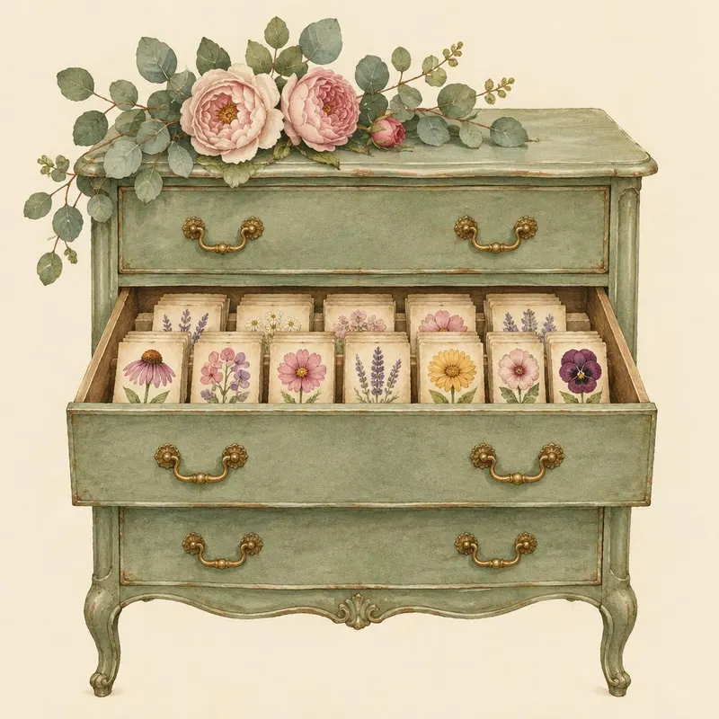 Watercolor of a sage painted chest with one drawer open, full of seed packets in rows, the Seed Library seating chart