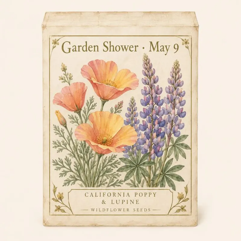 Watercolor of a custom seed packet printed with poppies and lupine and the words Garden Shower, May 9
