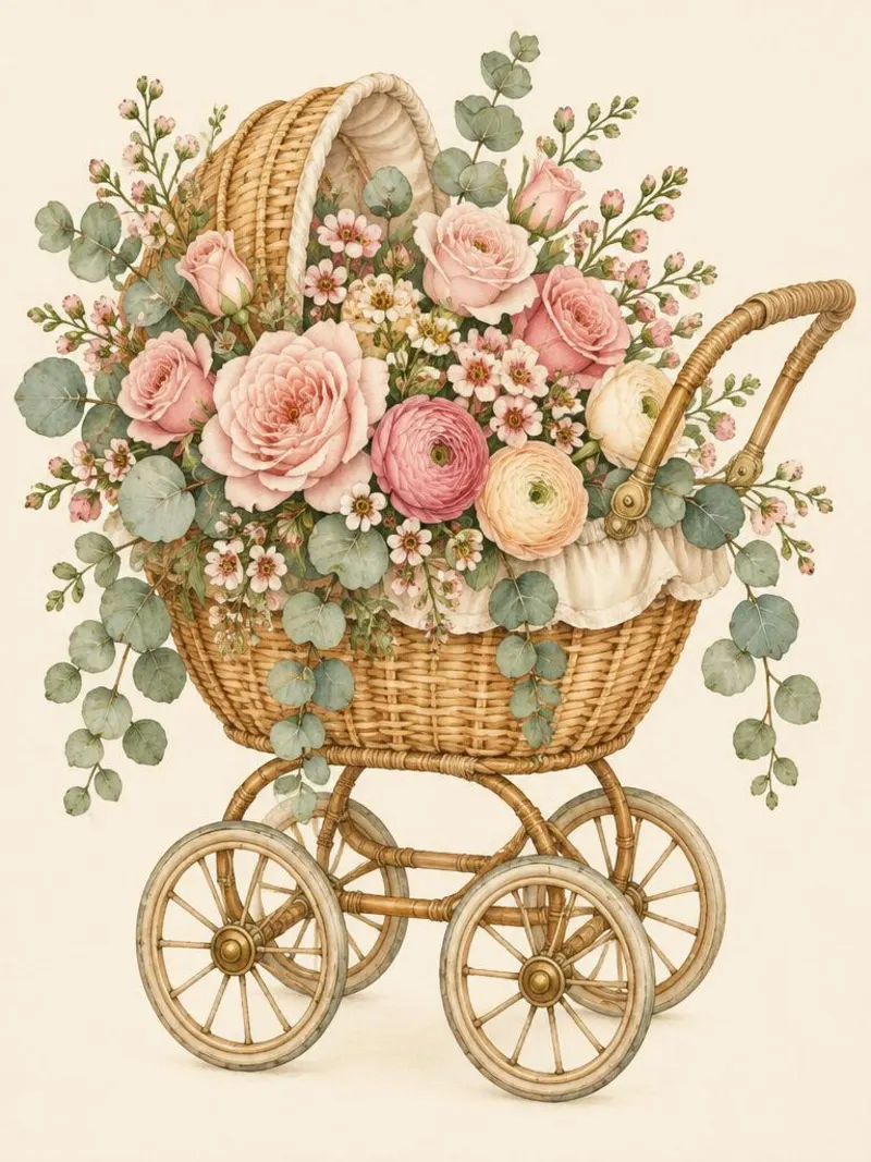 Watercolor of a rattan stroller filled with blush roses and eucalyptus for a baby shower flower bar
