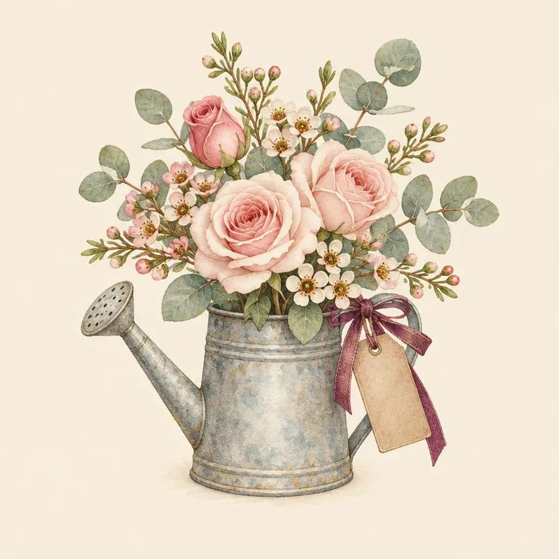Watercolor of a mini galvanized watering can holding a little posy, with a ribbon tag, a flower favor for guests